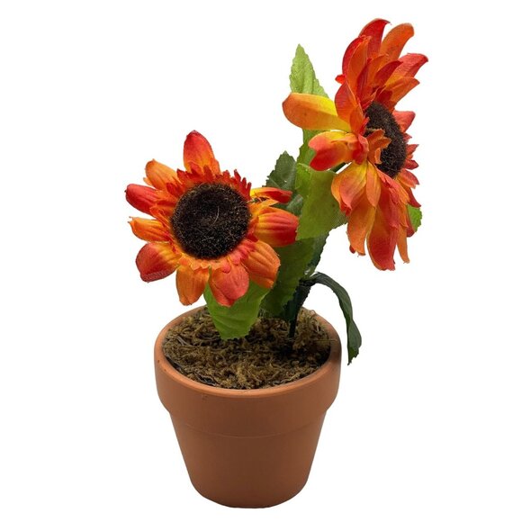 Artificial Potted Planter Flower Sunflowers Orange green terracotta 8x5" READ - Picture 1 of 5